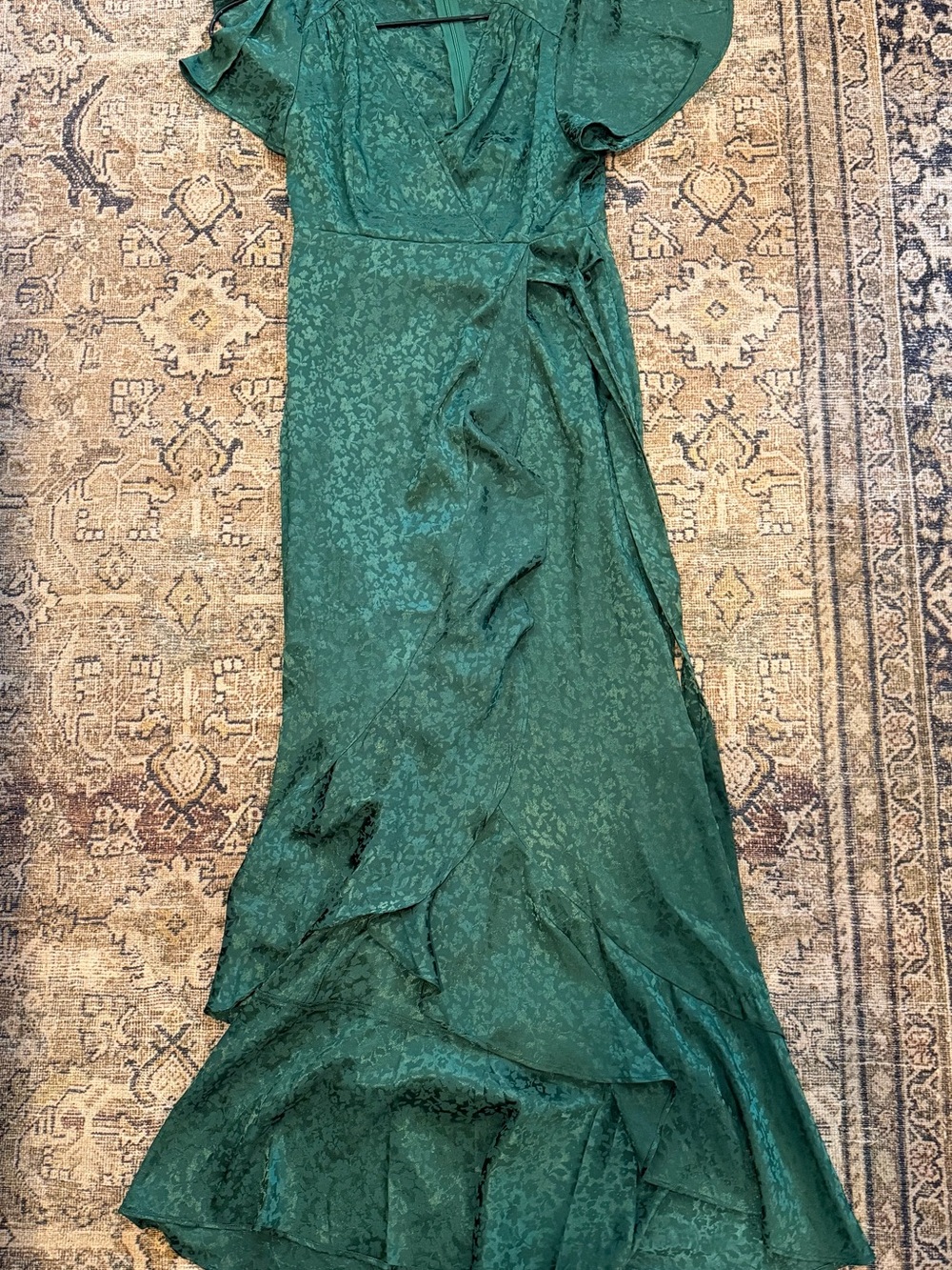 Altar'd State Emerald Green Wrap Maxi Dress with Ruffle Trim